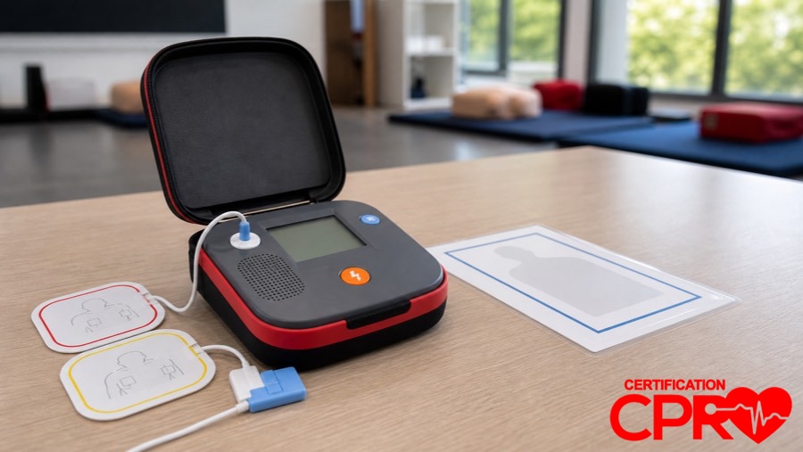 AED trainer and electrode pads for practicing voice prompts in a CPR classroom in Chicago.