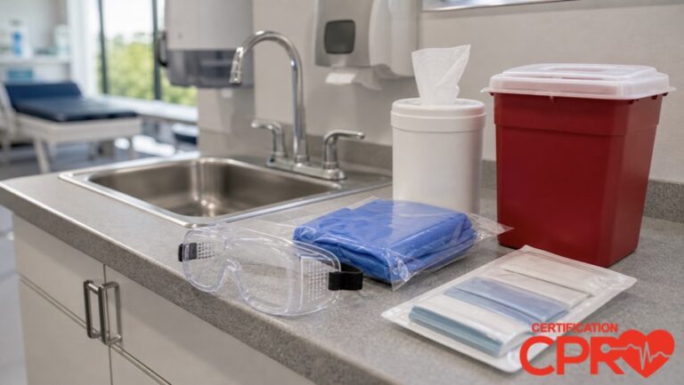 Bloodborne pathogens exposure control supplies for healthcare worker training in Chicago.