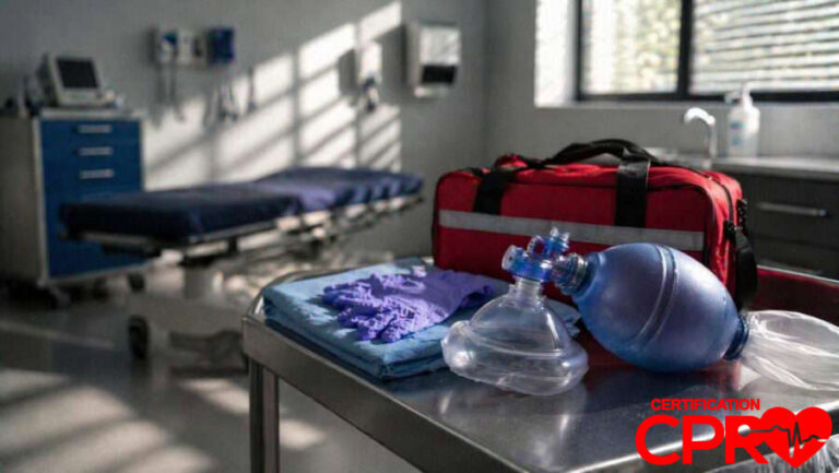CPR training equipment in a medical classroom setting in Chicago.