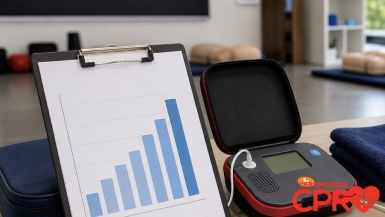 CPR statistics chart with AED trainer in a CPR classroom in Chicago.