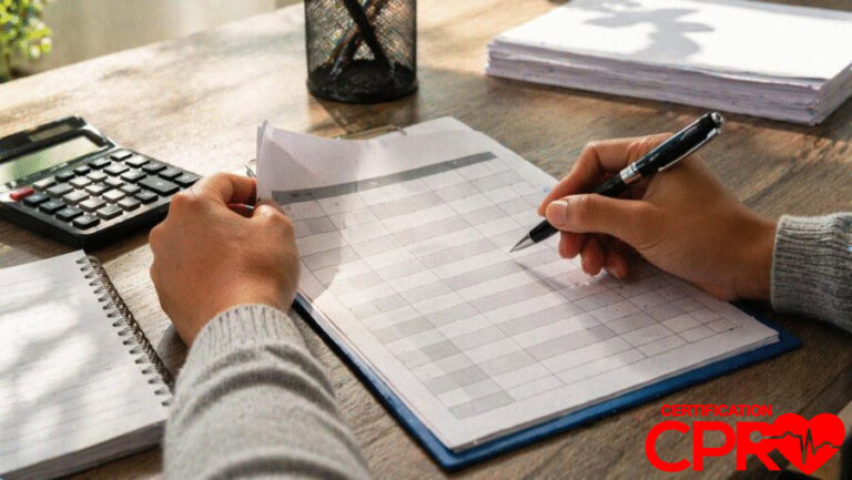 Person filling out a form for CPR certification in Chicago, Illinois.