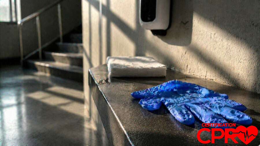 CPR training gloves and mask on a training station in Chicago.