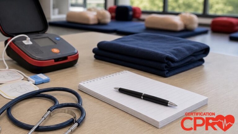 AED trainer, stethoscope, and CPR classroom supplies for an article on heart attack versus cardiac arrest in Chicago.