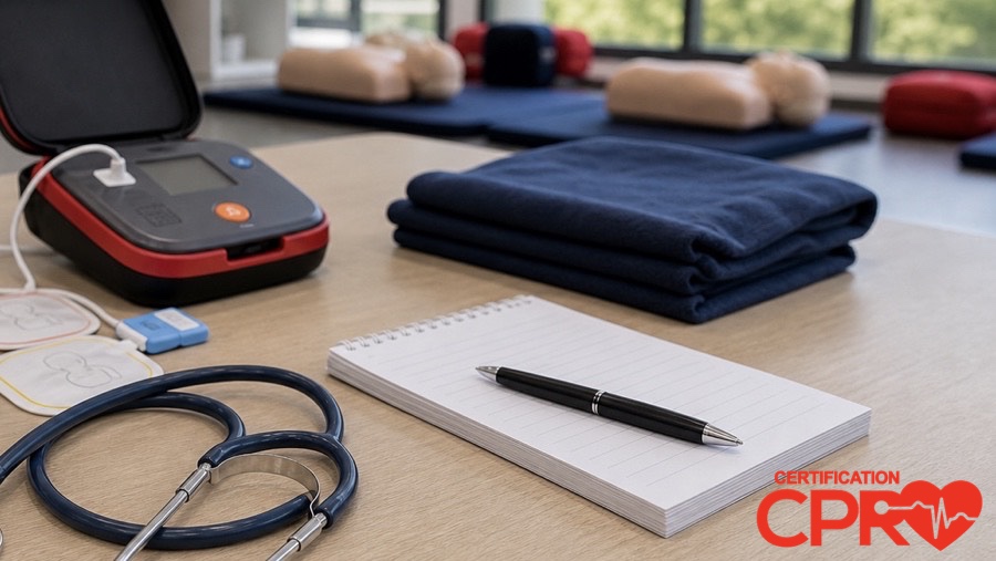 AED trainer, stethoscope, and CPR classroom supplies for an article on heart attack versus cardiac arrest in Chicago.