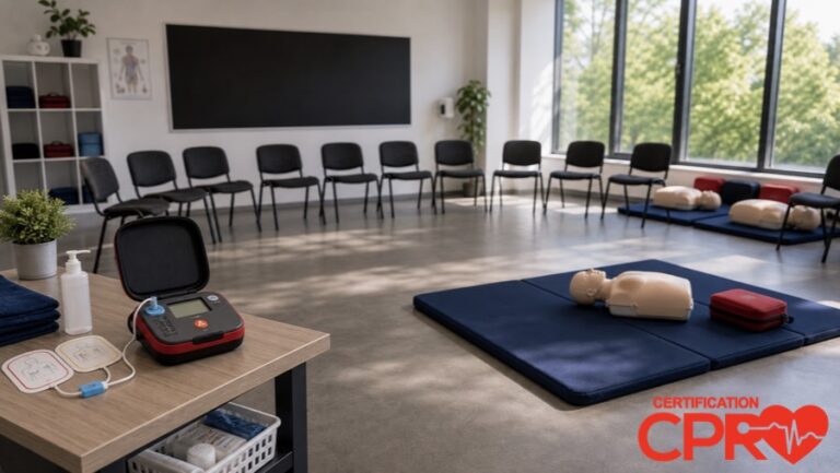 CPR classroom setup for practicing emergency response skills in Chicago.