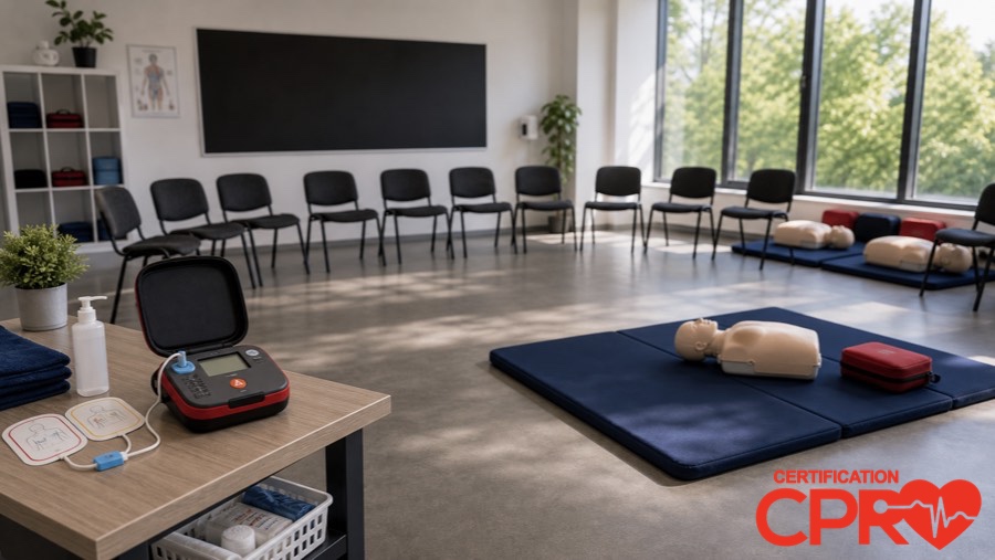 CPR classroom setup for practicing emergency response skills in Chicago.