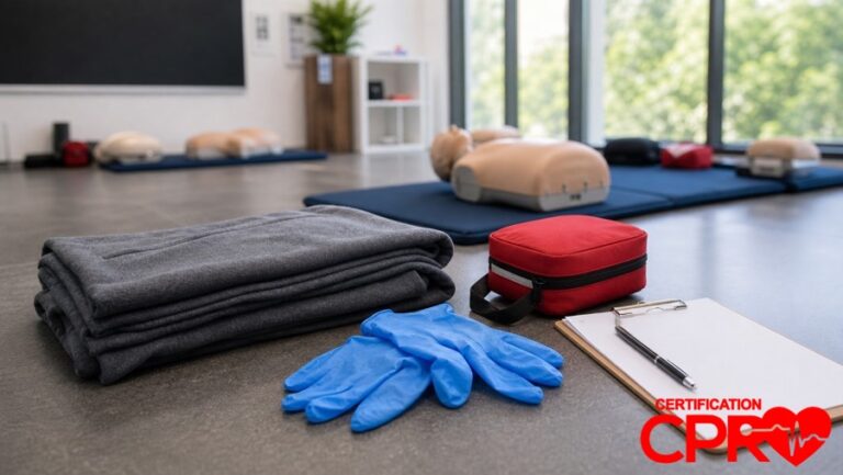 First aid training supplies for practicing seizure response in a CPR classroom in Chicago.