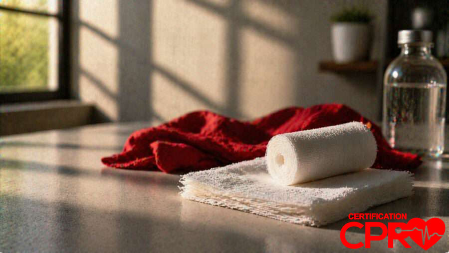 CPR certification training supplies in Chicago, including a roll of gauze and first aid essentials.