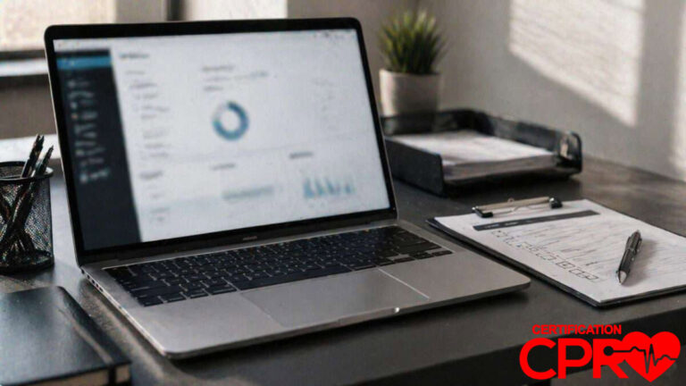 Laptop displaying CPR certification progress and verification details.