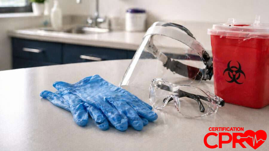 CPR training supplies including gloves, goggles, and biohazard container in Chicago.